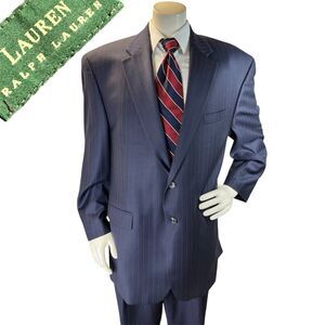 Ralph Lauren Mens Suit 2 Piece Wool Cashmere Blend  Gray Striped Sz 48R 42X30.5